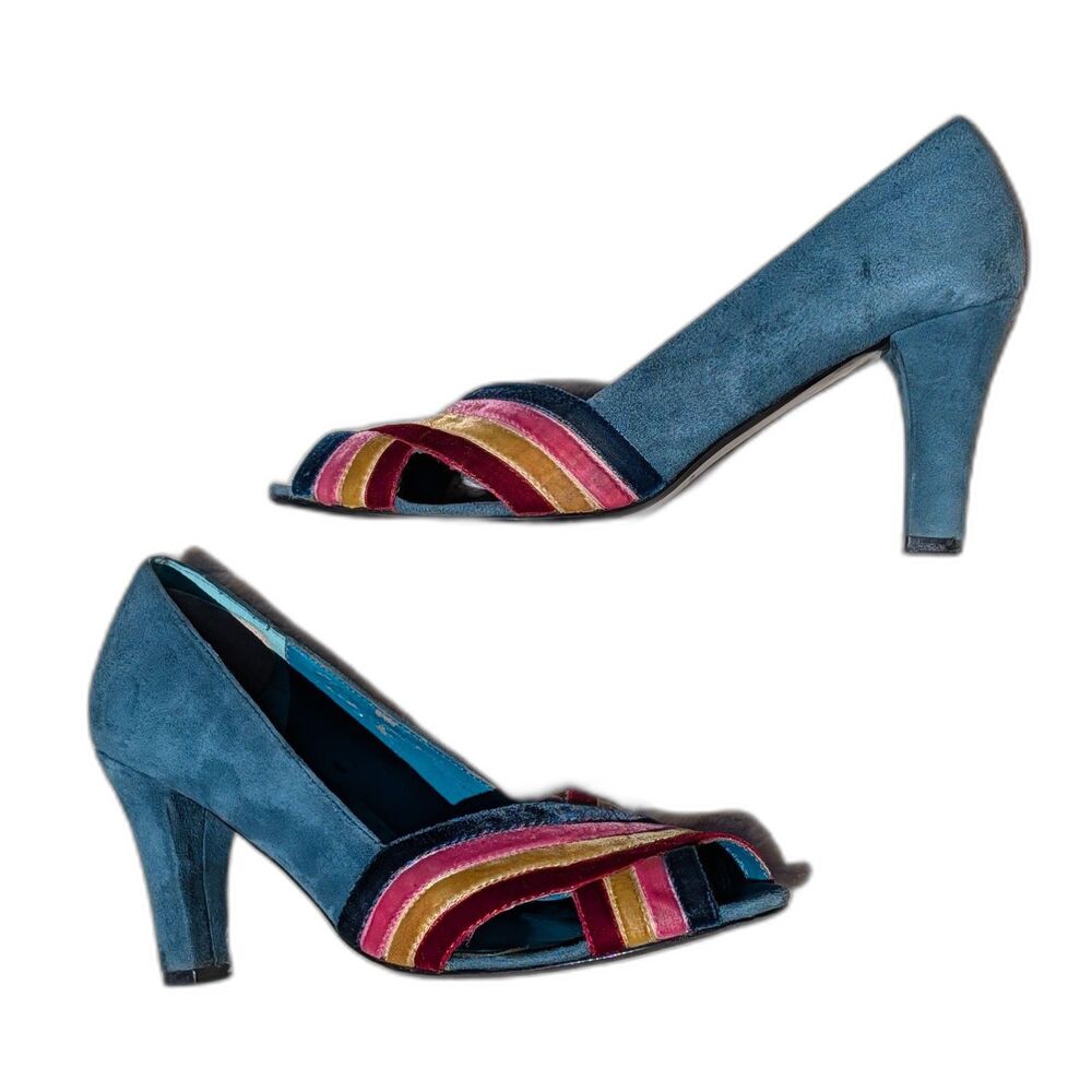 Faryl Robin ANTHRO Retro Suede & Multi Color Striped Velvet Peep-toe Pumps, Sz 7